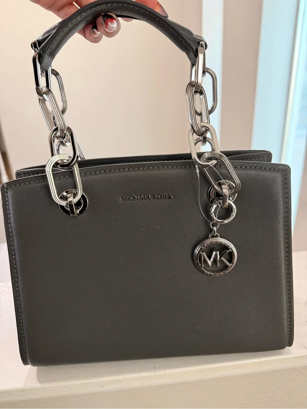 Michael Kors Black Leather Top-Handle Satchel with Silver Hardware